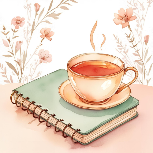 Tasse Tee auf Notizbuch mit floralen Motiven – ruhige Momente und Gedanken zum Mitnehmen