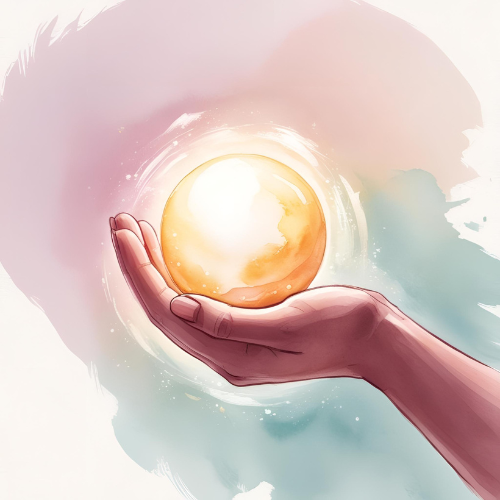 Eine Hand hält eine leuchtende, goldene Kugel vor einem sanften, pastellfarbenen Hintergrund.