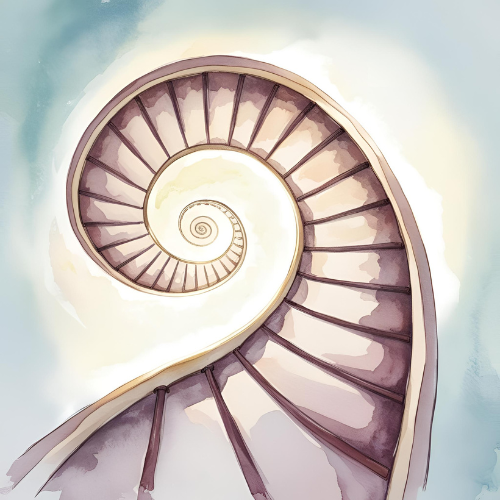 Spiral-Holztreppe, die ins Licht führt – innerer Weg zu tiefer Selbsterkenntnis