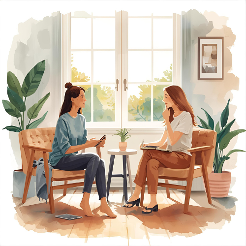 Illustration von zwei Frauen, die sich in Sesseln gegenübersitzen – Symbol für ein achtsames Coaching-Gespräch.