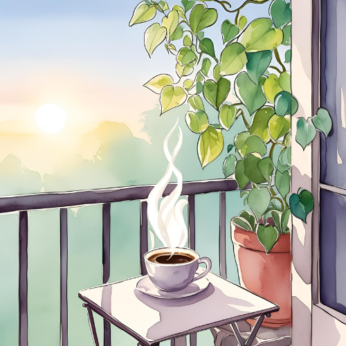 Kaffeetasse auf Tisch mit Pflanzen im Sonnenlicht – Achtsam um sich kümmern